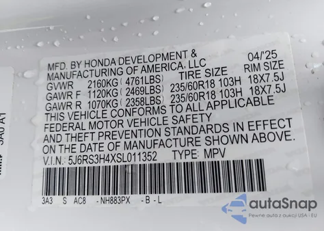 2025 Honda Cr-V Ex 2Wd z USA, uszkodzony, nr VIN 5J6RS3H4XSL011352